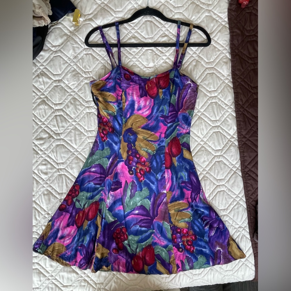 Vintage 90s All That Jazz Cotton Ruffle Floral Cut Out Back Colorful Dress - Picture 3 of 9